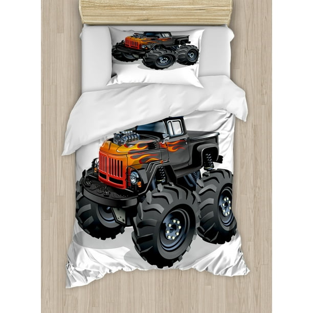 Monster Truck Duvet Cover Set Twin Size, Cartoon Truck Enormous Wheels