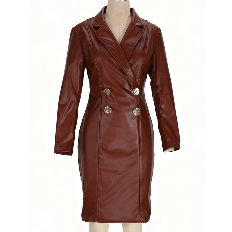 LNWUY Women's Double Breasted Faux Leather Pencil Dress Elegant Long Sleeve Lapel V Neck Long PU Blazer Party Dresses Red XL