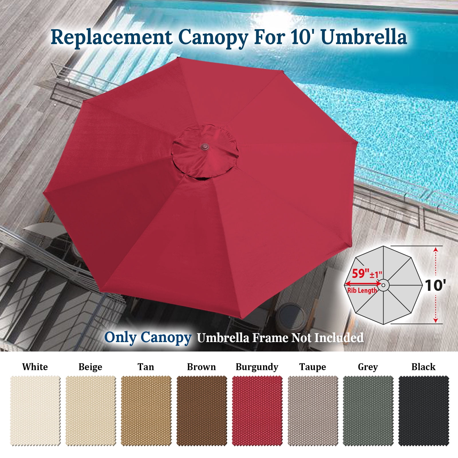 Sunrise 10' Umbrella Canopy Top Cover Patio Replacement Top Cover 8 Ribs Outdoor Sunshade (Burgundy, Cover only, Frame not Included)