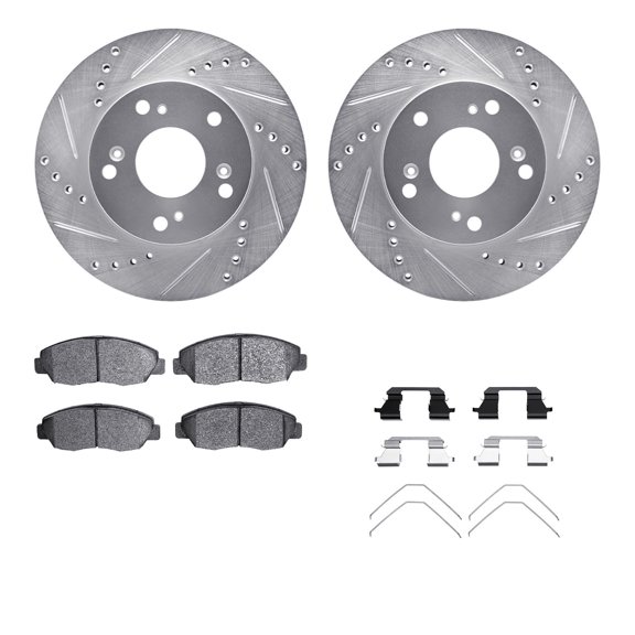 Dynamic Friction Company Front Brake Rotors-Drilled and Slotted-Silver with 5000 Advanced Brake Pads includes Hardware 7512-59051