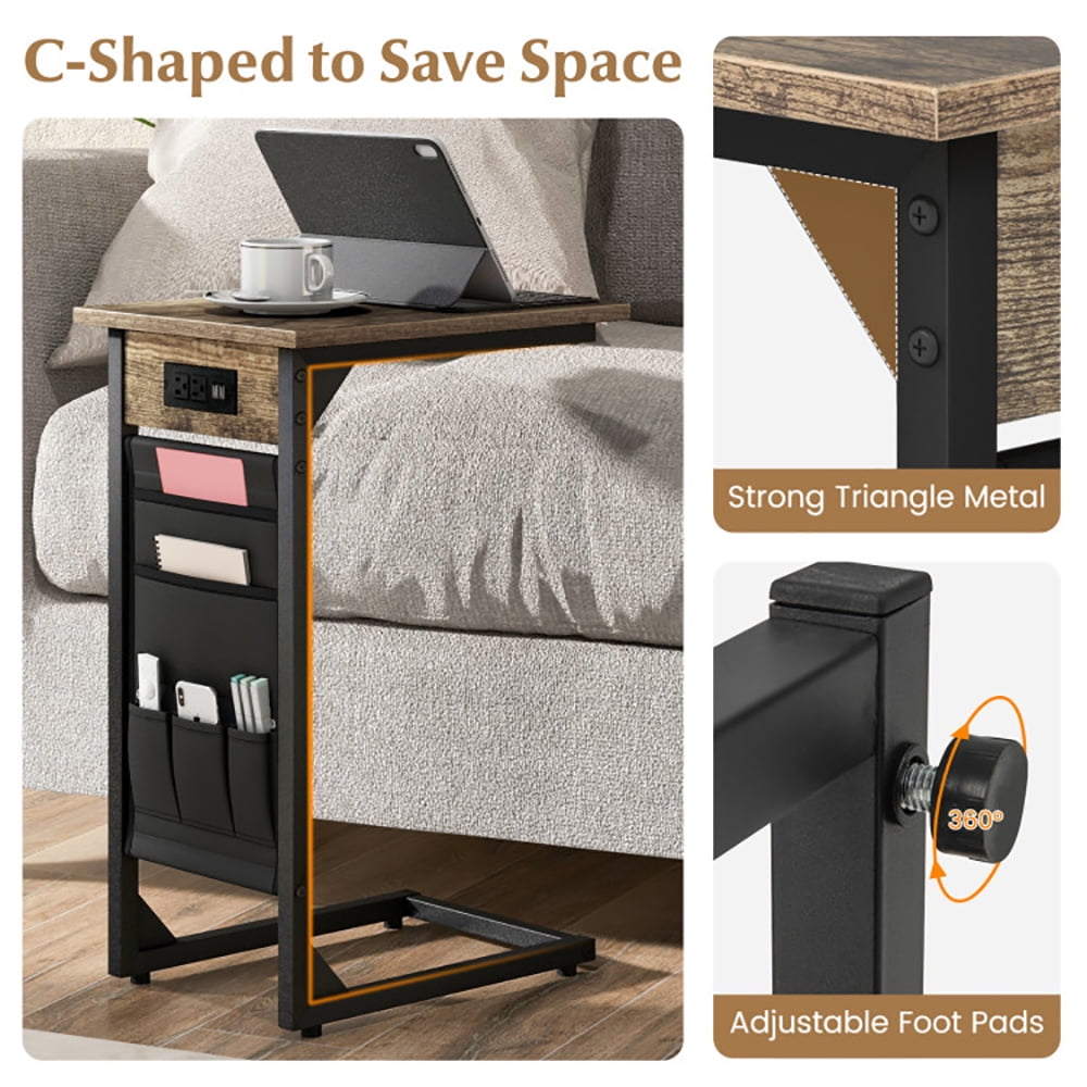 Finihen End Table, Set of 2 C Shaped End Table with Charging Station, Sofa Side Table, Bed Side Table, for Living Room, Bedroom, Rustic Brown Finihen End Table, Set of 2 C Shaped End Table with Charging Station, Sofa Side Table, Bed Side Table, for Living Room, Bedroom, Rustic Brown