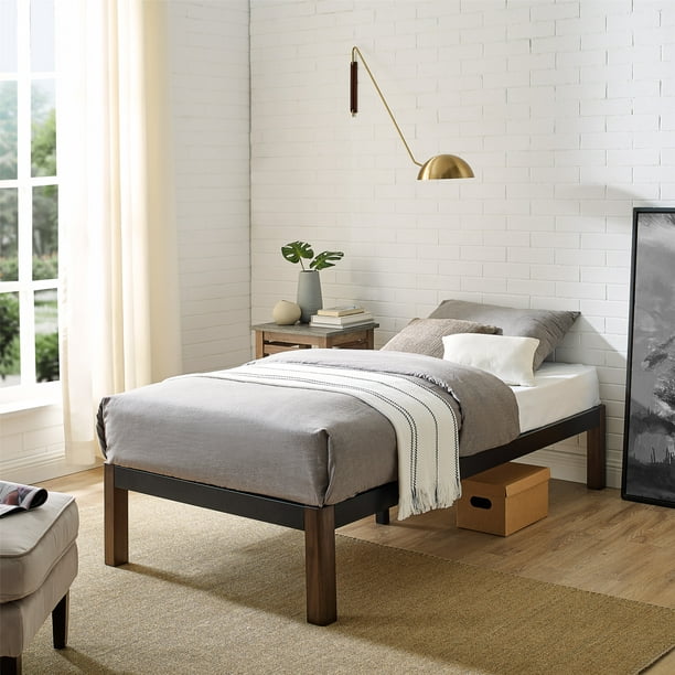 Black Metal Bed Frame With Wood Legs, Metal Bed Frame With Wooden Slats