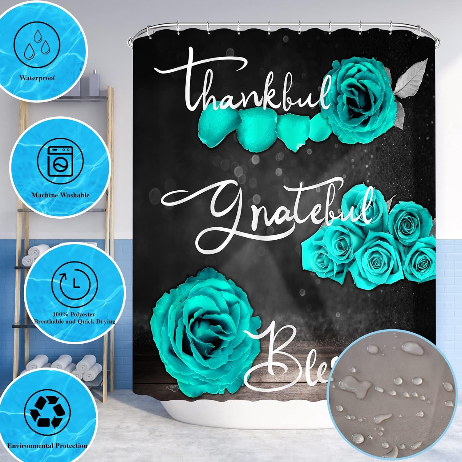 Teal Rose Shower Curtain Set, Thankful Grateful Blessed Turquoise Bathtub Curtain with Non-Slip Rug, Toilet Lid Cover, Bath Mat and 12 Hooks, Romantic Green Floral Bathroom Decor