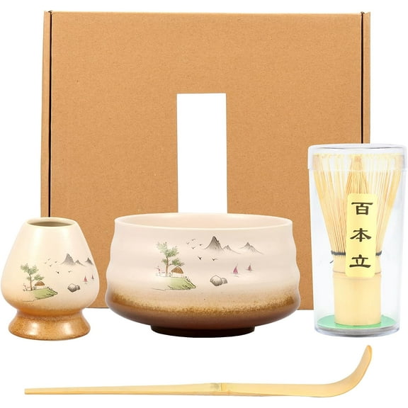 Highcool 5Pcs Matcha Whisk Set Matcha Tea Set Japanese Matcha Ma Set with Ceramic Whisk Holder Matcha Bowl Natural Tea Scoop Matcha Whisk (Style 1)