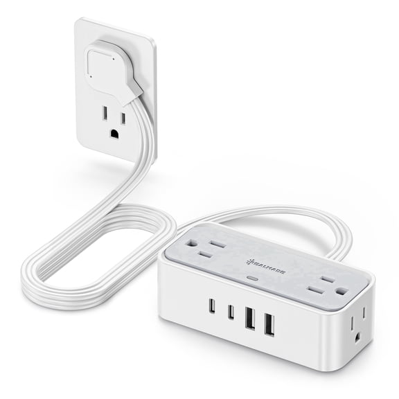 Slim Flat Plug 8-Port Power Strip, USB-A and USB-C Charging with 4 AC Outlets, 950J Surge Protection, 5 FT Cord, Wall Mount Design