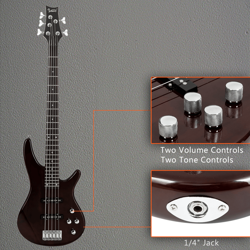 Tcbosik 5 String Full Size Electric Bass Guitar with Bag, Strap, Plectrum, Amp Wire and Wrench Tool for Beginners, Earth Brown
