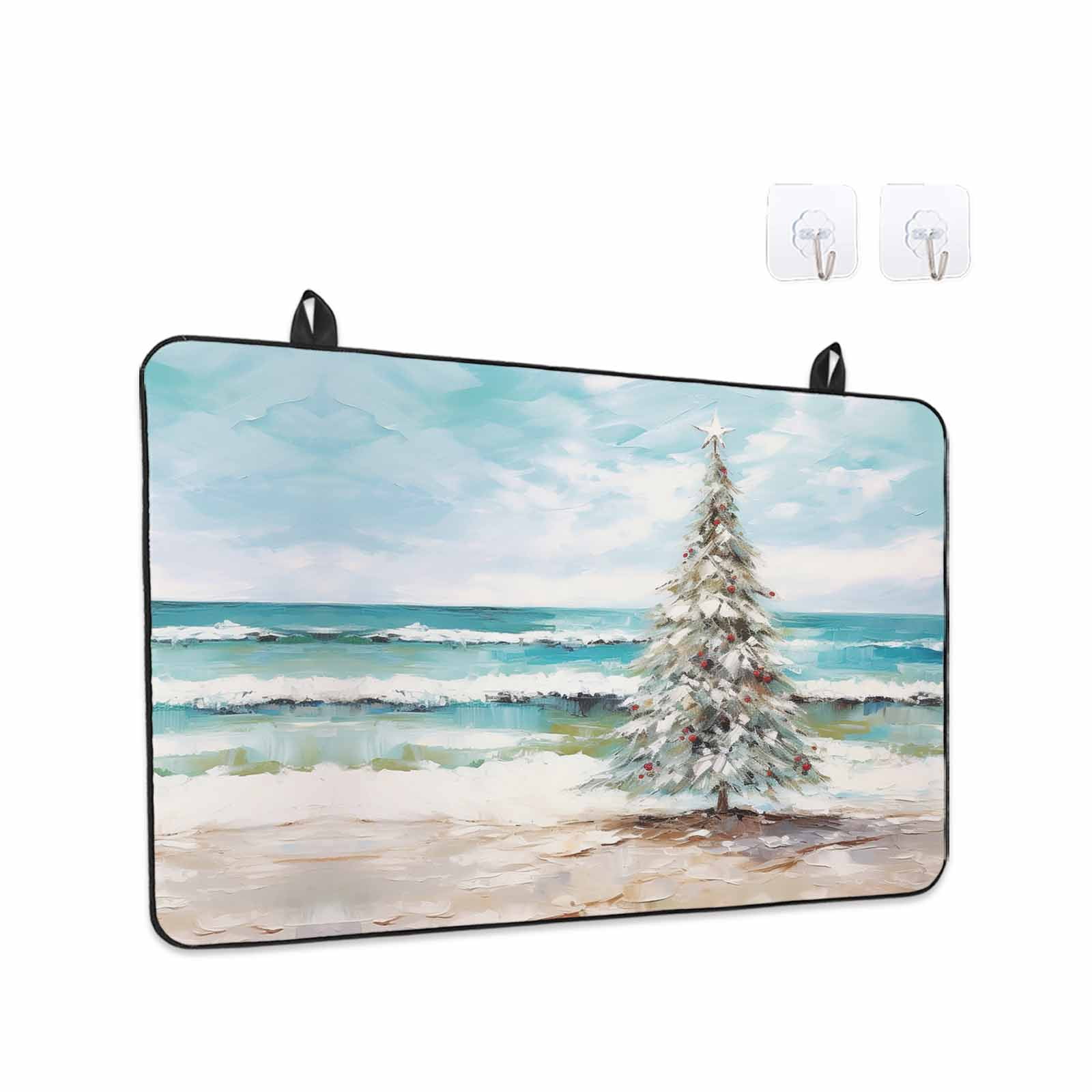 Coastal Christmas Tree Stove Top Cover for Electric Stove, Heat-proof & Non Slip Glass Top Stove Cover Protector, Modern Oil Painting Beach Xmas Tree Kitchen Flat Cooktop Rubber Mat 24x21 Inches