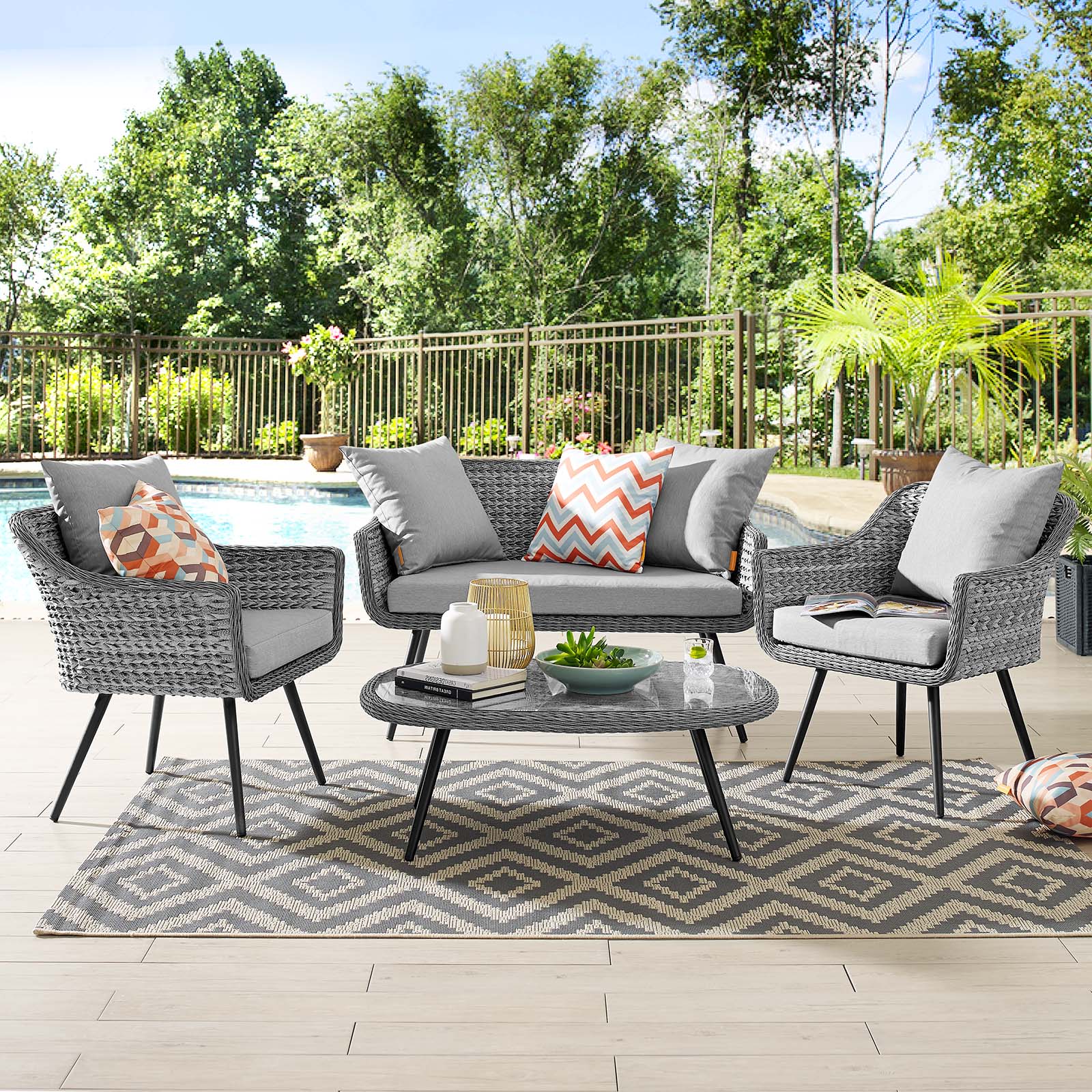 Contemporary Modern Urban Designer Outdoor Patio Balcony Garden Furniture Lounge Sofa, Chair and Coffee Table Set, Aluminum Fabric Wicker Rattan, Grey Gray - image 3 of 9