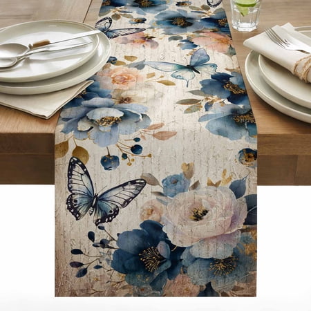 Spring Flowers Cotton Linen Table Runner Country Watercolor White Blue Floral Butterfly Vintage Paper Dining Table Runners for Home Decor Party Dining Room Restaurant Kitchen 13 x 36