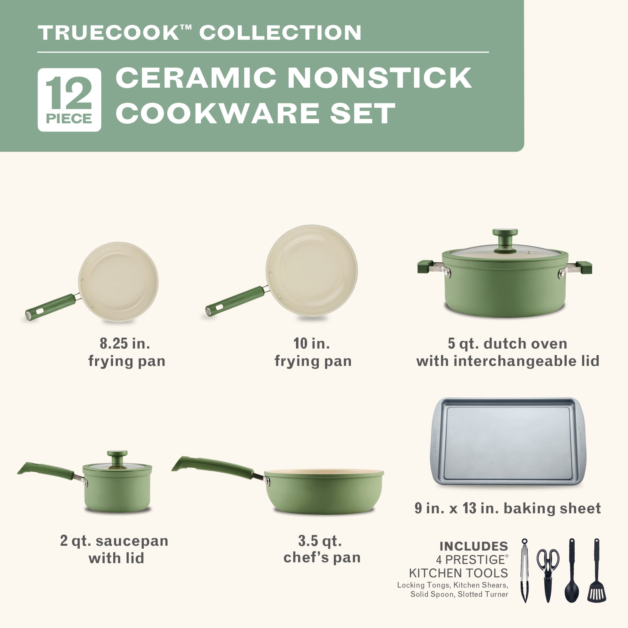Farberware TrueCook 12pc Ceramic Cookware Set, Dishwasher and Oven Safe, Green