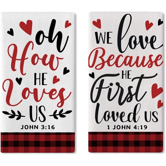 Valentines Day Christian Kitchen Dish Towels Set of 2, Religious Oh How He Loves Us Heart Drying Hand Towel Baking Cooking Cloth, Bible Verse Anniversary Wedding Bathroom Home Decor 18''x26''