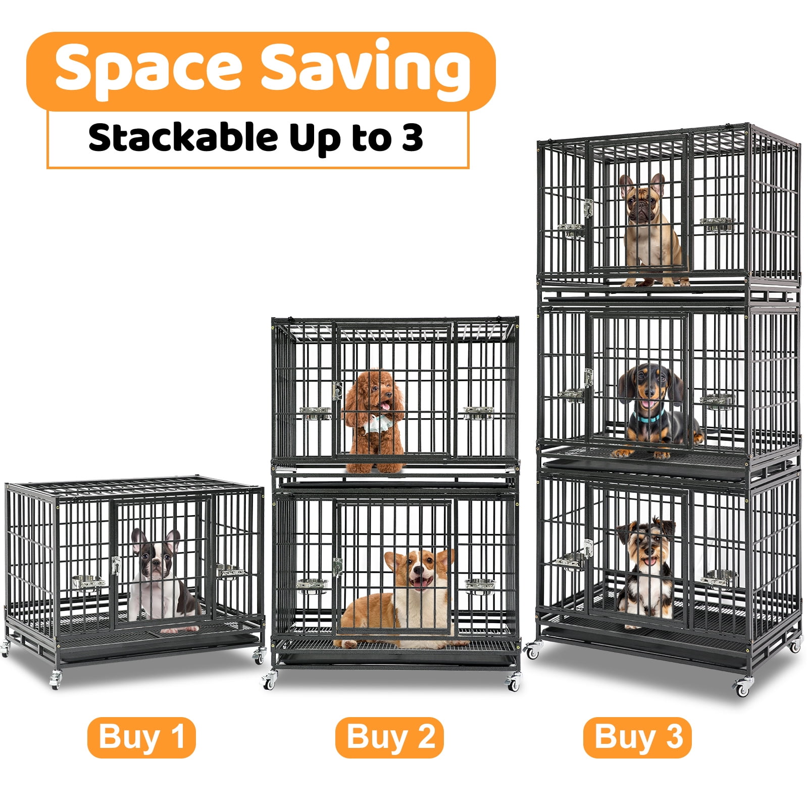 Homey Pet 37 Inch Stackable Heavy Duty Dog Crate Indestructible, Escape Proof Dog Cage with Wheels, Tray, High Anxiety Dog Kennel Indoor Double Door, Collapsible Dog Crates for Medium Dogs
