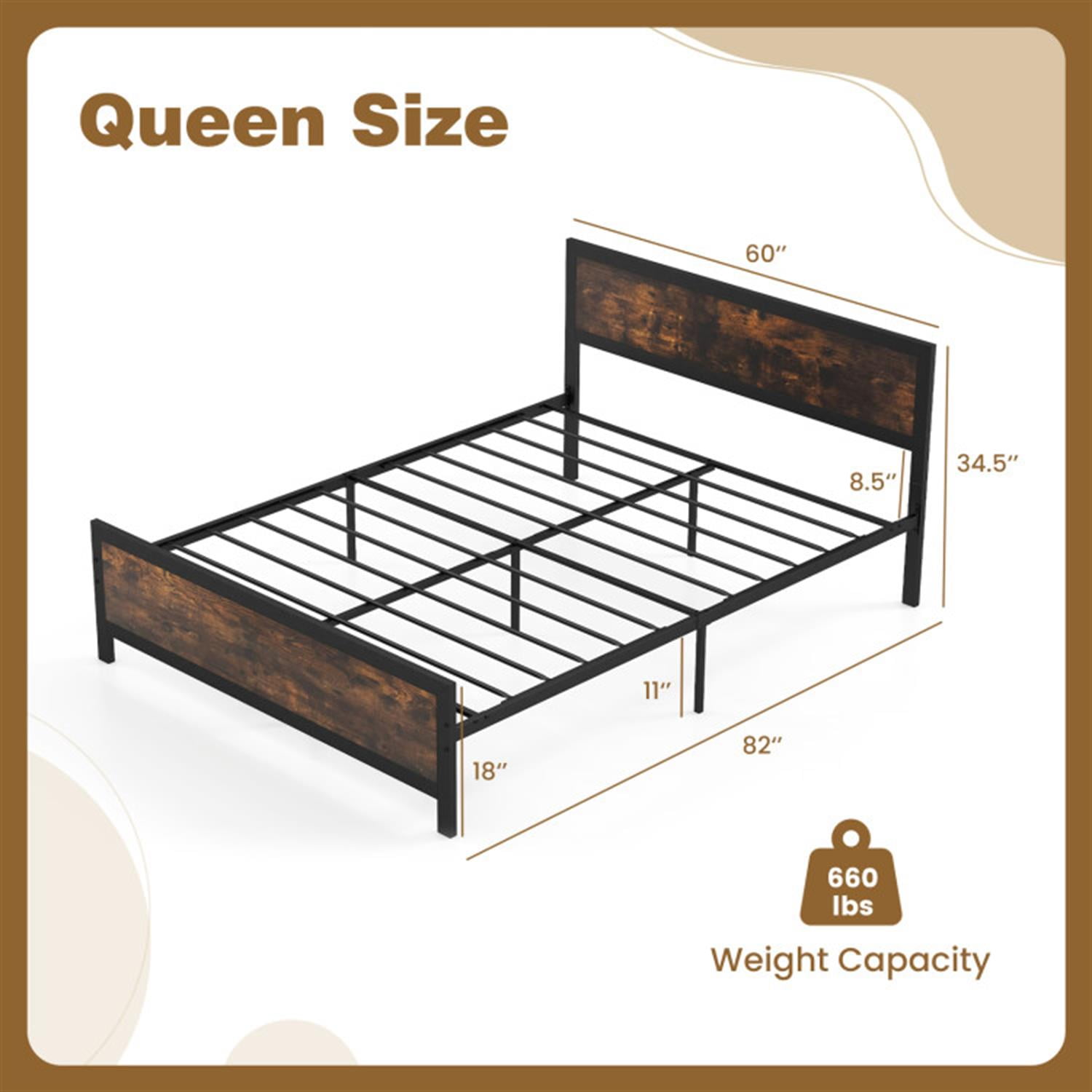 Demi Bonn Queen Size Bed Frame with Headboard and Footboard, Modern Metal Platform Bed Frame with Under Bed Storage, No Box Spring Needed, Brown
