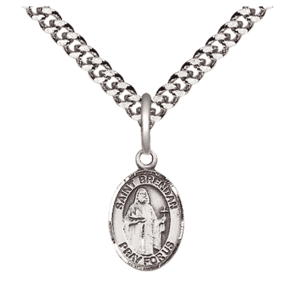 Small Pewter Saint Brendan the Navigator Medal Pendant on 24 Inch Endless Rhodium Plated Heavy Curb Brass Chain, Catholic Religious Necklace -Made in USA- Deluxe Velvet Gift Box