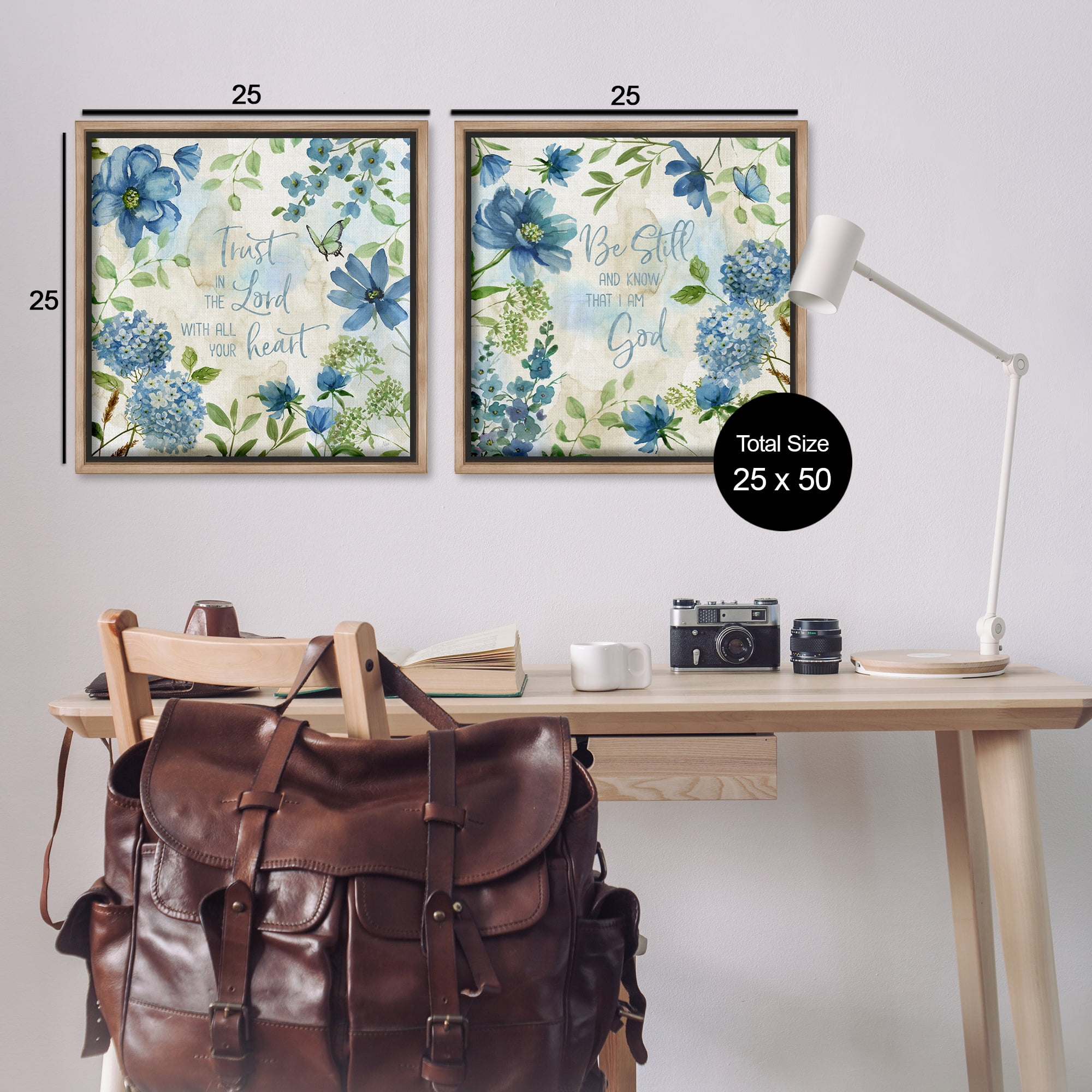 Stupell Industries Trust Be Still Blue Hydrangea Religious & Spiritual Painting Brown Floater Framed Canvas Art Print Wall Art, 25 x 25, Set of 2