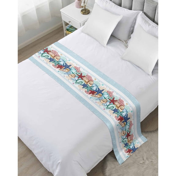 Bed Runner Scarf Twin Size, Sky Blue Ocean Starfish Stain Bed Runners & Scarves for Foot of Beds, Summer Coastal Coral Conch Decorative Bedding Runner Scarf for Hotel Home Bedroom