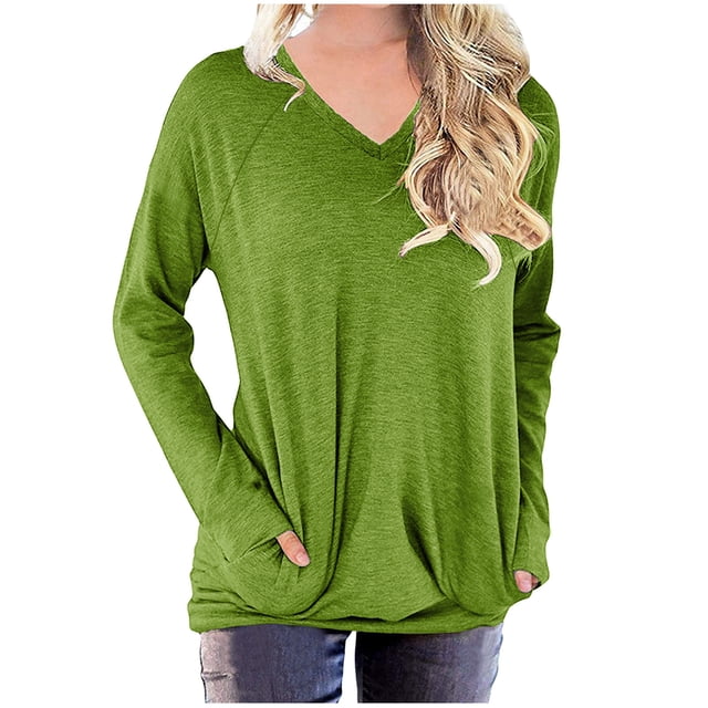 KIHOUT Spring Winter Womens Tops Solid Color Workout Sweatshirts Casual Basic Long Sleeve Loose Shirt Classic Crew V-Neck Tops with Pocket