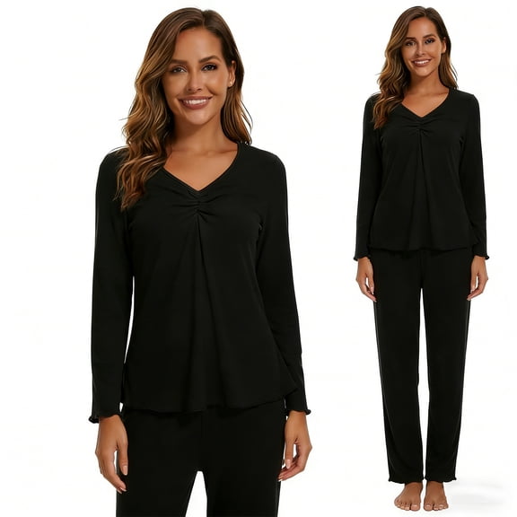MecTo Women Pajamas Sets, Lady Solid V-neck Long-Sleeved PJ, 2 piece, Size M