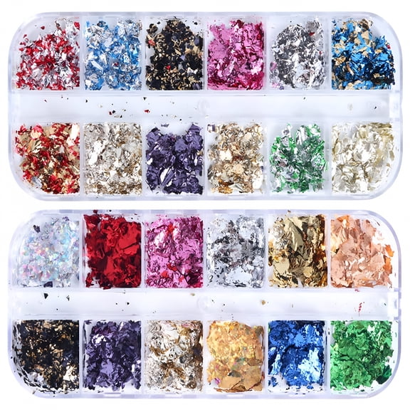 RAGUPEL 24 Boxes Foil Nail Art Holographic Aluminum Nail Foil Flakes Stickers Nail Sequins 3D Glitter Decoration DIY Design Accessories Rainbow Nail Art Supplies Gold Nail Decals