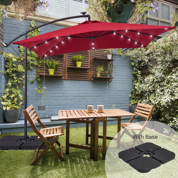 ACEGOSES 8.2x8.2ft LED Outdoor Square Patio Offset Hanging Umbrella with Base,Steel Ribs and Lights for Deck,Garden and Yard,Red