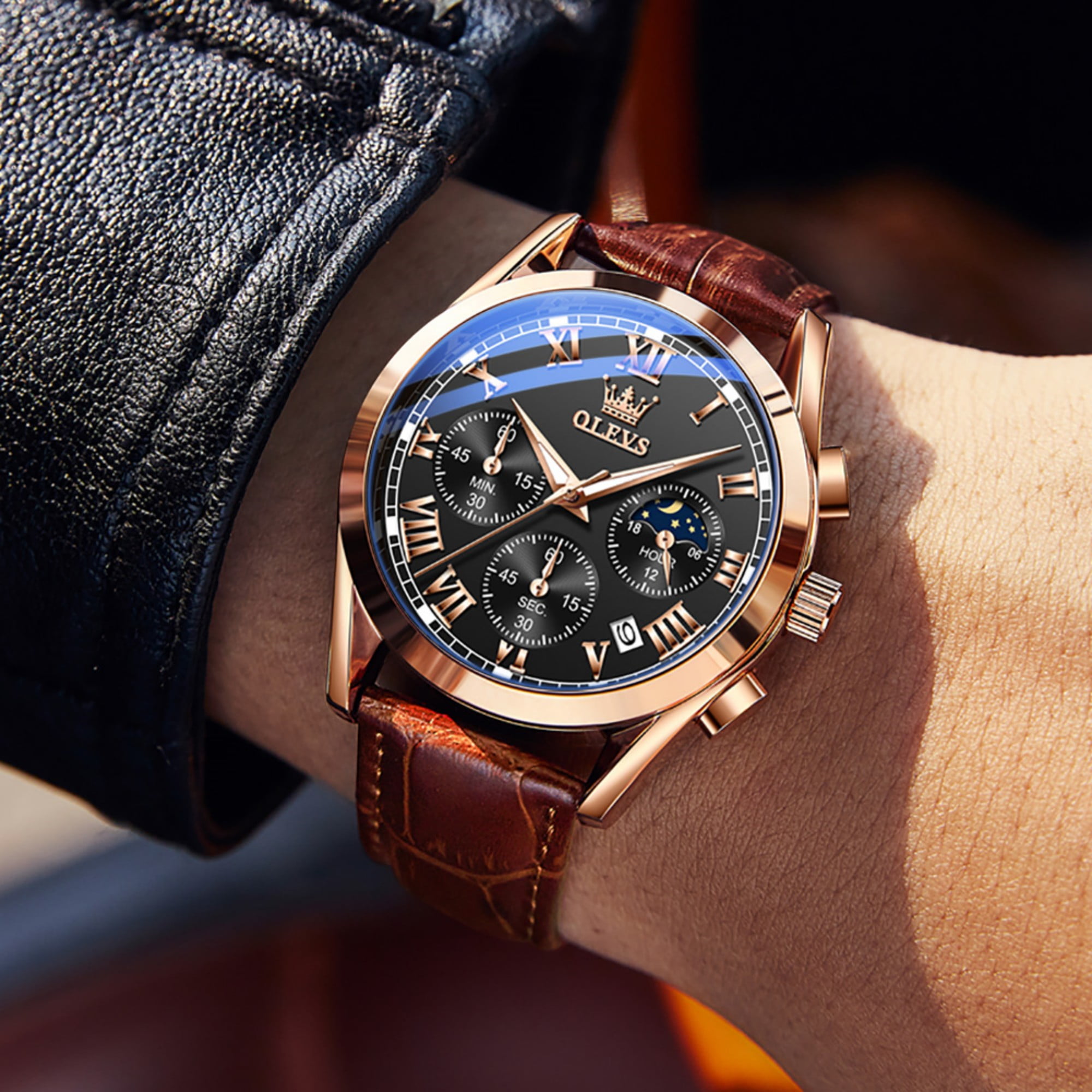 OLEVS Chronograph Watches for Men Luxury Classic Business Sports Mens Watches with Leather Strap Waterproof Luminous Analog Quartz Reloj para hombre, Gifts for Men