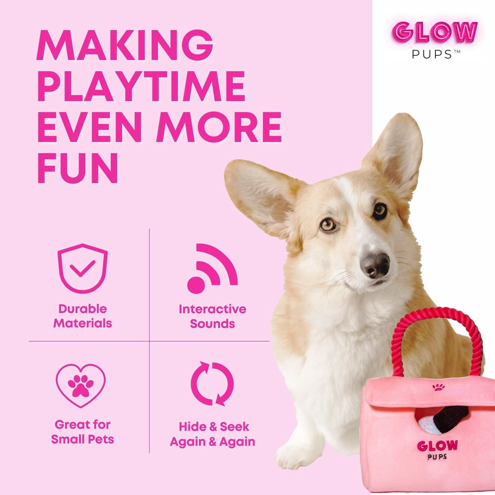 Glow Pups Washable Burrow & Hide and Seek Dog Toy with Plush Lipstick, Nail Polish and Cellphone, Pink Purse