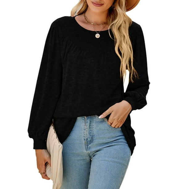 Blusa de manga abullonada Top suelto manga larga cuello redondo Tops para mujer para fiestas escuelas oficinas citas trabajos negro L Bodega Aurrera en linea