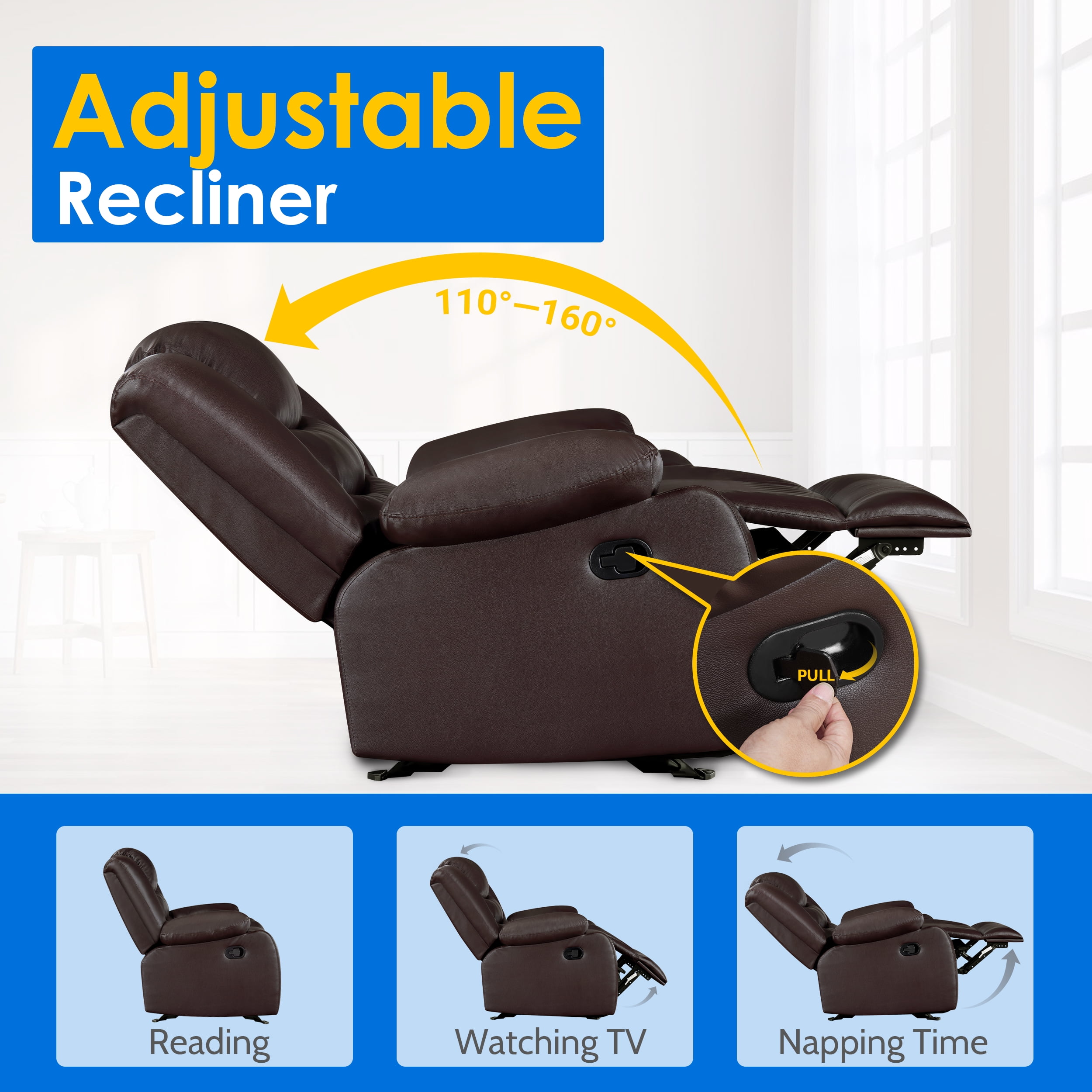 TrumanPick Recliner Chairs for Audlts, PU Leather  Rocker Recliners Small Spaces Sleeper Sofa Chair for Living Room, Brown