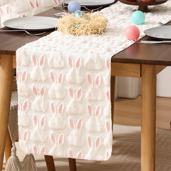 KOYPTL Easter Table Runner 13x90 inch Long Soft Plush Faux Fur Pink Rabbit Ears Bunny Table Runner, Seasonal Spring Easter Kitchen Dining Table Decoration for Home Party