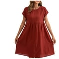thumbnail image 2 of Yotami Women's Cotton Linen Dress Summer Crew Neck Short Sleeve Soft Solid Color Dress for Vacation A-Line Dress with Pocket Red M, 2 of 3