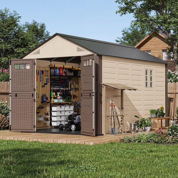 NETAJE 8x12 ft Resin Storage Shed, Outdoor Plastic Tool Shed with Floor, Lockable Door, Window and Vents for Patio, Backyard, Beige & Brown