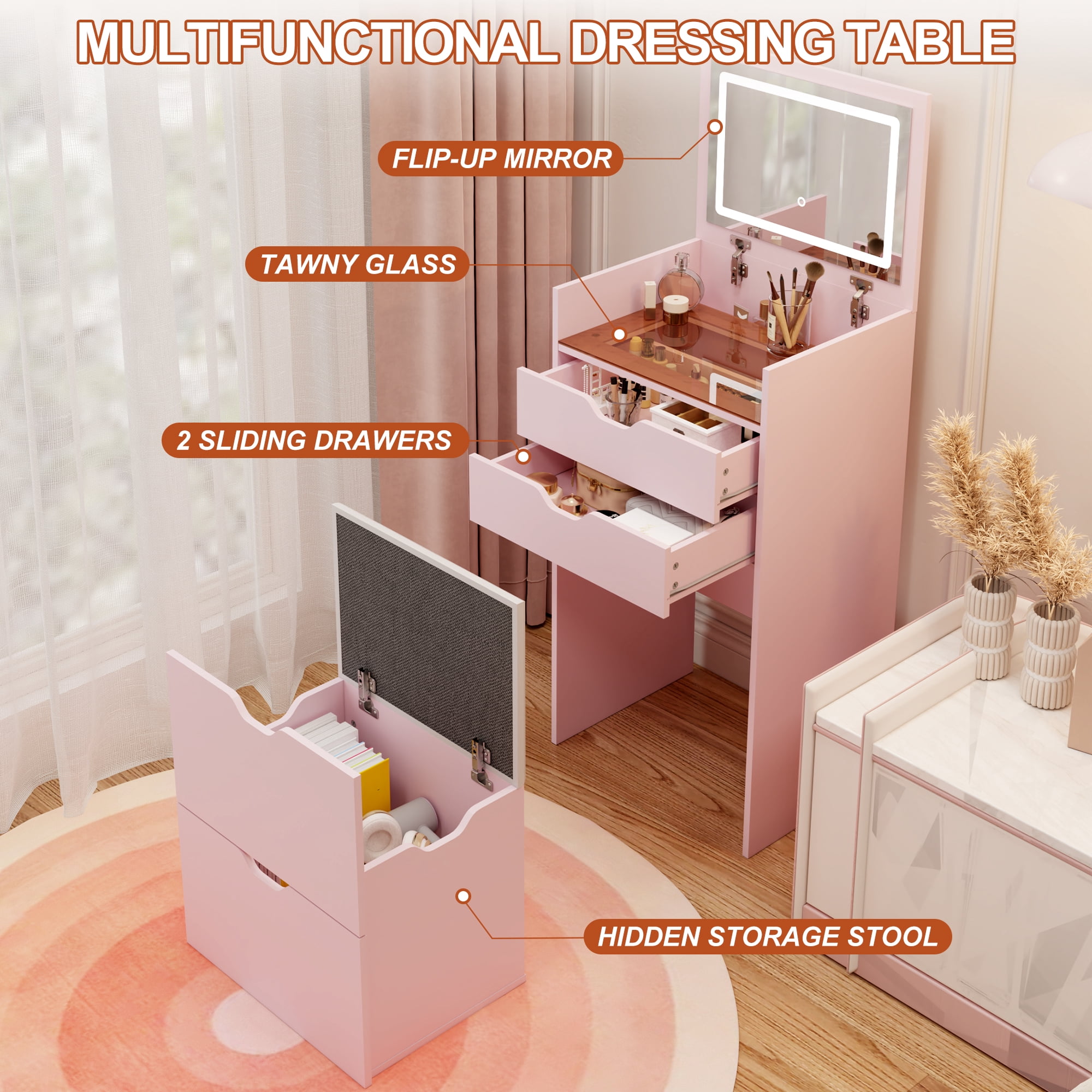 Homy Casa Vanity Table & Bench Set with Flip-Up Lighted Mirror, Drawers & Stool, Pink