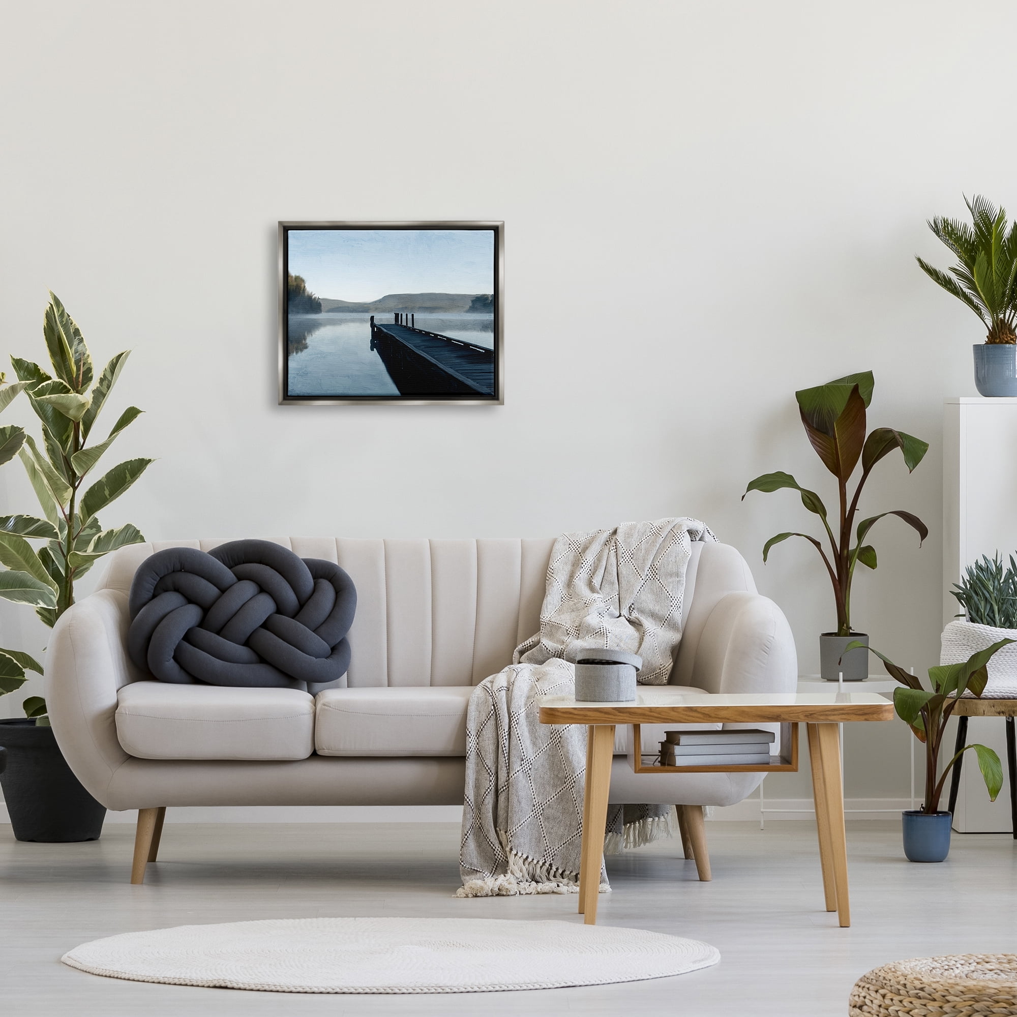 Stupell Industries Distant Lake Dock Landscape Painting Gray Floater Framed Canvas Art Print Wall Art, 21 x 17