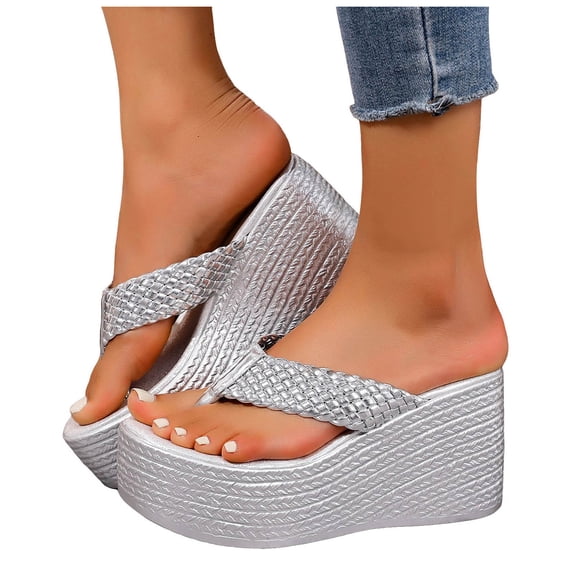 Wedges Sandals for Women Lightweight Platform Beach Tong Sandal Open Toe Casual Dressy Summer Flip Flops Silver Size 8.5