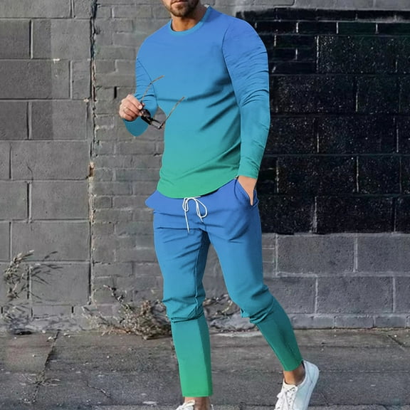 Wavsuf Men's Sweatsuits Set 2 piece Jogger Set for Men Tight Shirt Sweatshirt and Sweatpants Blue Size 2XL