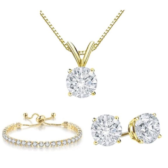 Bonjour Jewelers 18K Yellow Gold 3 Set Created White Sapphire Round Necklace, Earrings And Tennis Bracelet Plated