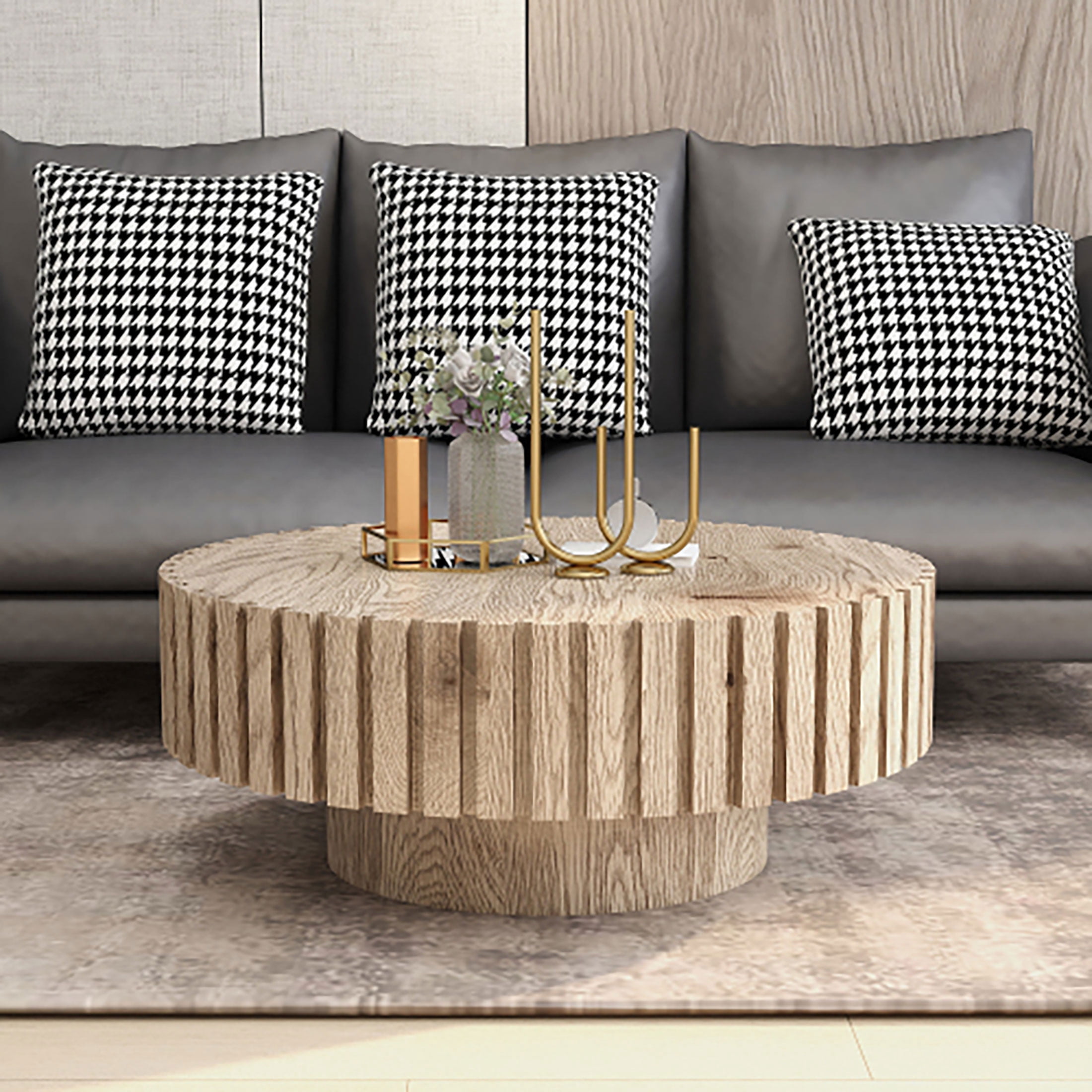 Kevinplus 31.50" Modern Flower Shaped Coffee Table with Storage for Living Room, Apartment, Office, Dark Brown