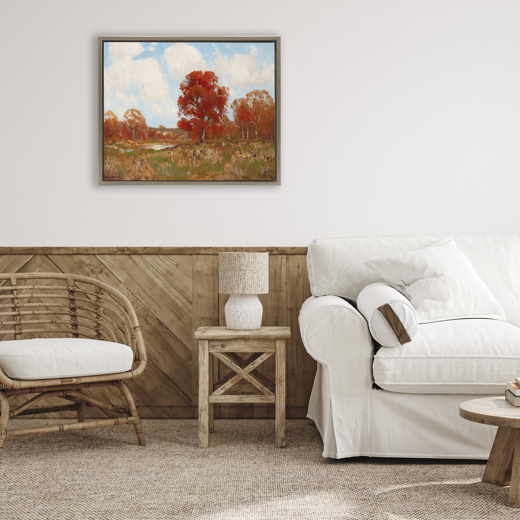 Fall Landscape with Red Foliage Brown Framed Floater Canvas Wall Art, design by Arlington Prints