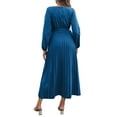 thumbnail image 6 of Seyurigaoka Womens Long Sleeve V-Neck Wrap Dresses Solid Color High Waist Pleated Long Skirts with Self Belt Puff Sleeve A-Line Sundress, 6 of 7