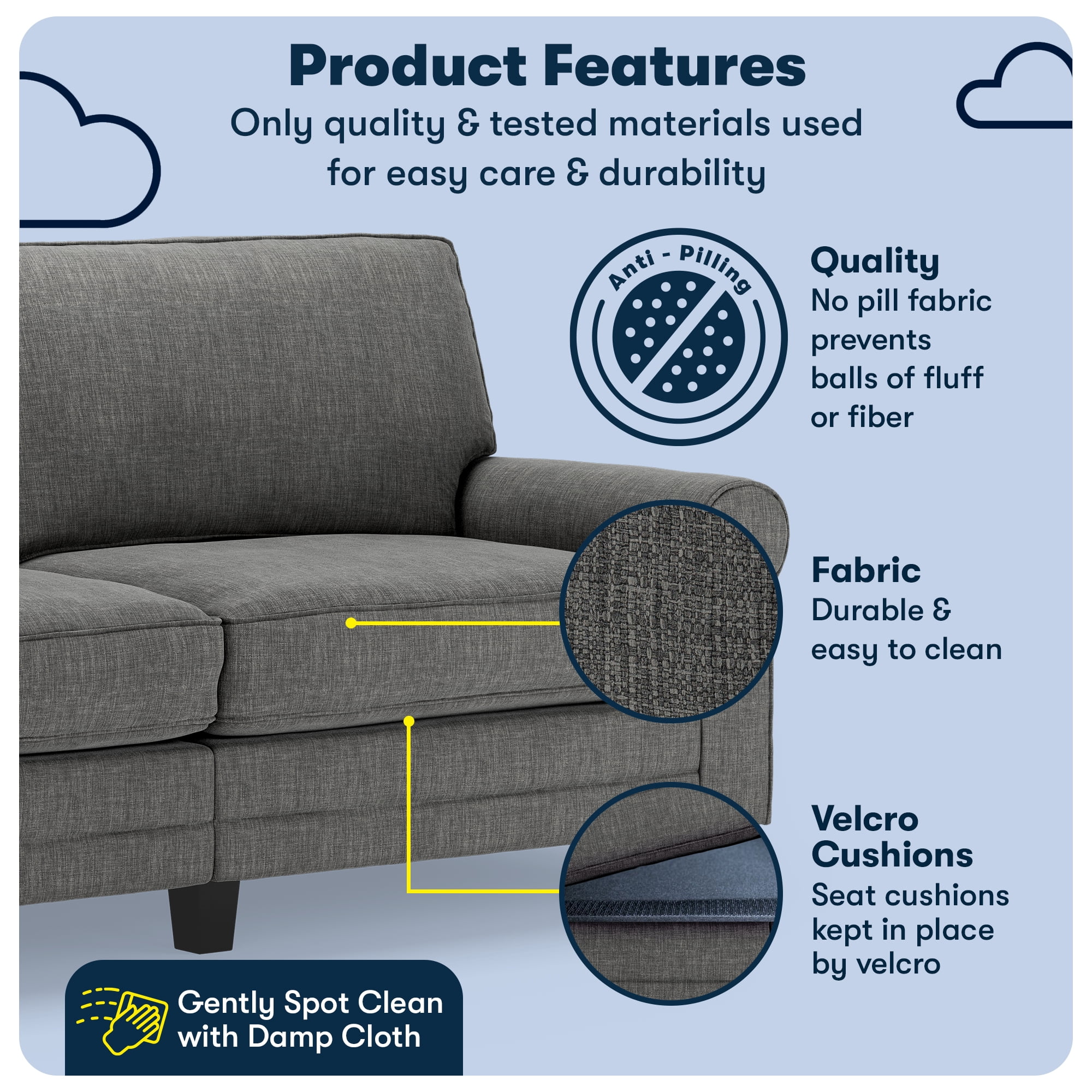 Serta Copenhagen 78" Rolled Arm Sofa, Easy Care Polyester, Loveseat or Couch for Small Spaces, Gray