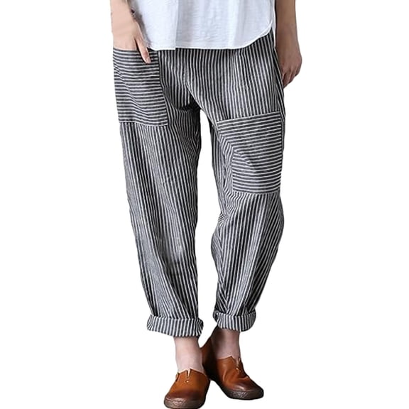Women's Cotton Mid-Waist Striped Casual Pants, Tummy Control Body Shaping Slim Fit, Soft Breathable Fabric with Functional Pockets, For Daily Wear, Office, Travel, | TruBelle,Black L