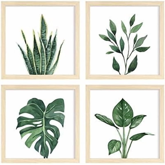Framed Bathroom Wall Decor, 10x10 Inch Botanical Wall Art with Sage Green Plant Print for Wall Decoration, Minimalist Restroom Decor (Natural)
