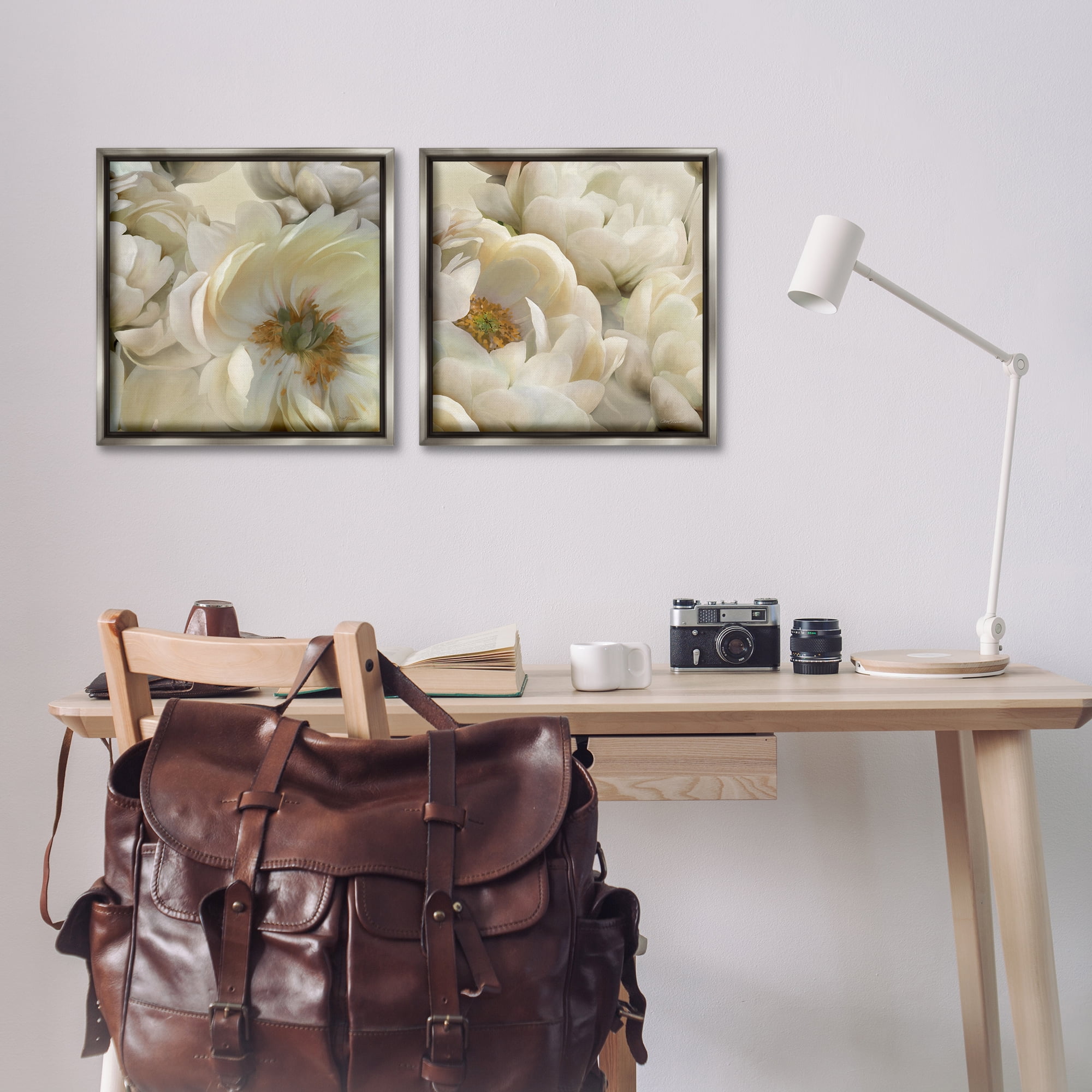 Stupell Industries White Peonies Serenity Floral & Botanical Painting Gray Floater Framed Canvas Art Print Wall Art, 18 x 18, Set of 2