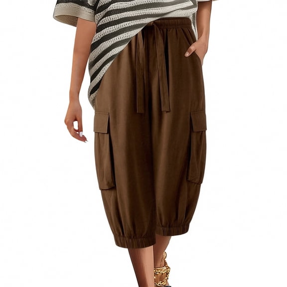 Nhthy Women's Loose Fit Cargo 7/8 Capri Pants, Multi Functional Pockets Design, Casual Cropped Trousers for Outdoor Activity Brown S