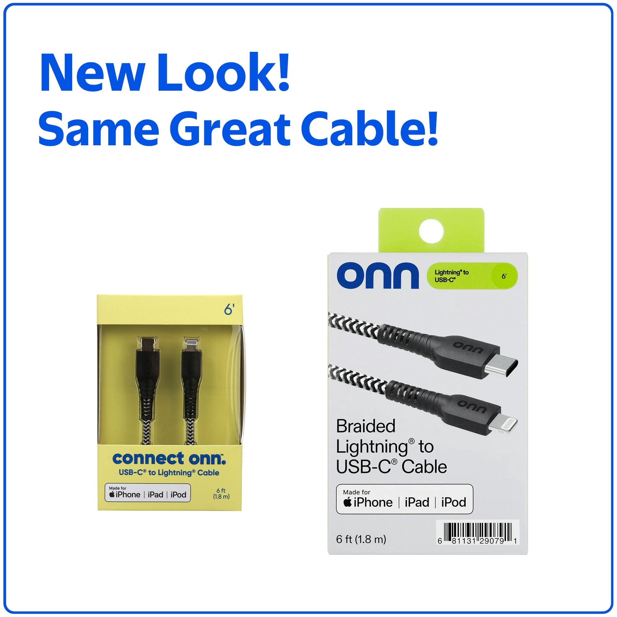 (2 pack) onn 6ft Lightning to USB-C Braided Charging Cable, Fast Charging, MFI Certified, Black - Compatible with iPhone 14/13/12/11/X/XR/XS/8/7/6/5, iPad, Airpods and more