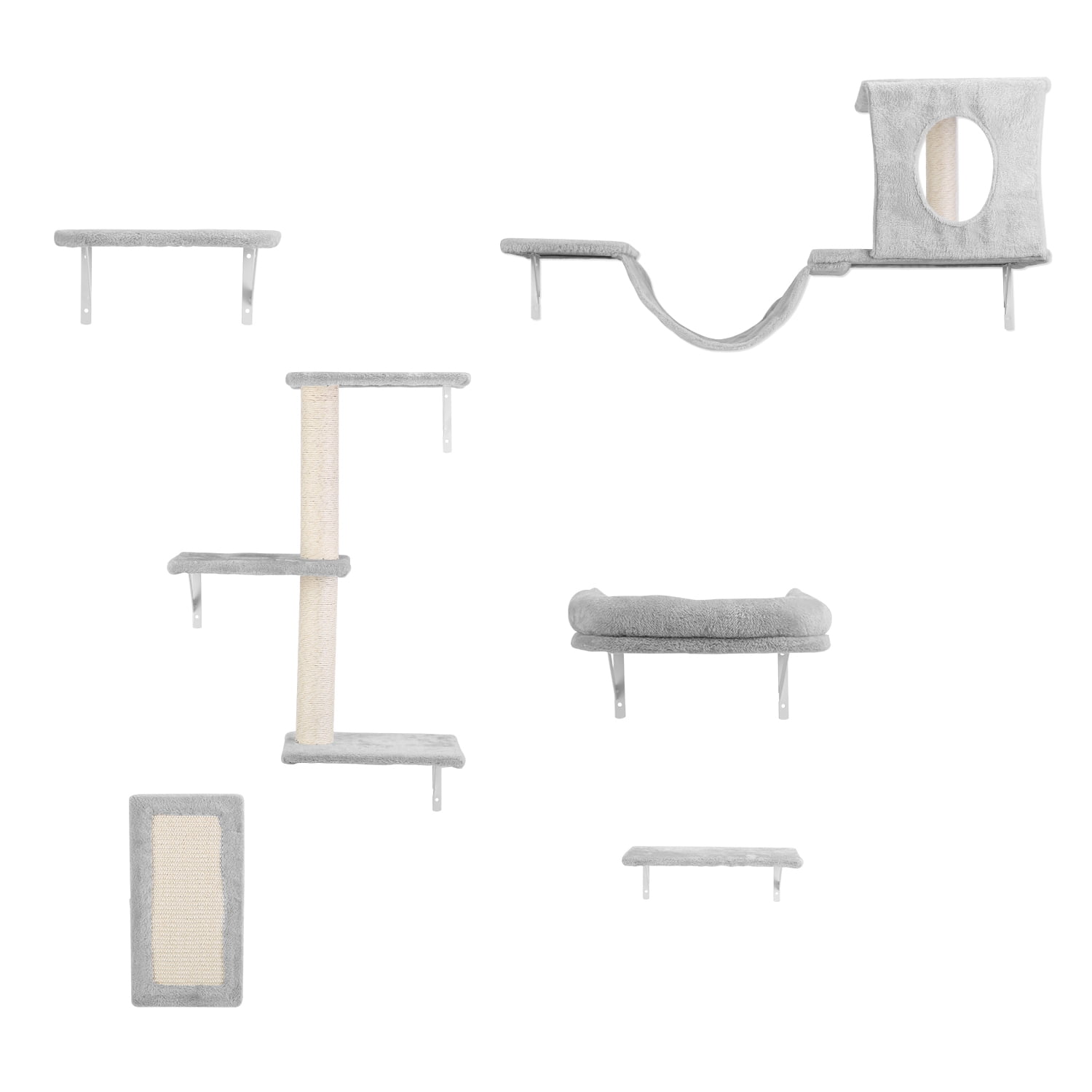 TeqHome Wall Mounted Cat Wall Shelves Set of 6 with Cat Tree Cat Perch Cat Scratching Post Cat Bridge Cat Houses Gray