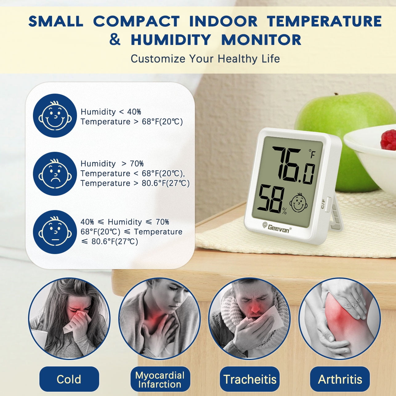 Geevon 4 Pack Digital Hygrometer Indoor Thermohygrometer, Room Thermometer Humidity Meter for Home, Bedroom, Baby Room, Office, Greenhouse, Cellar (White)