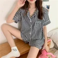 thumbnail image 3 of Novedad de verano, ropa de dormir para mujer, pantalones cortos de manga corta, conjunto de dos piezas a cuadros, ropa bonita para el hogar, cárdigan de estilo coreano, 3 of 5