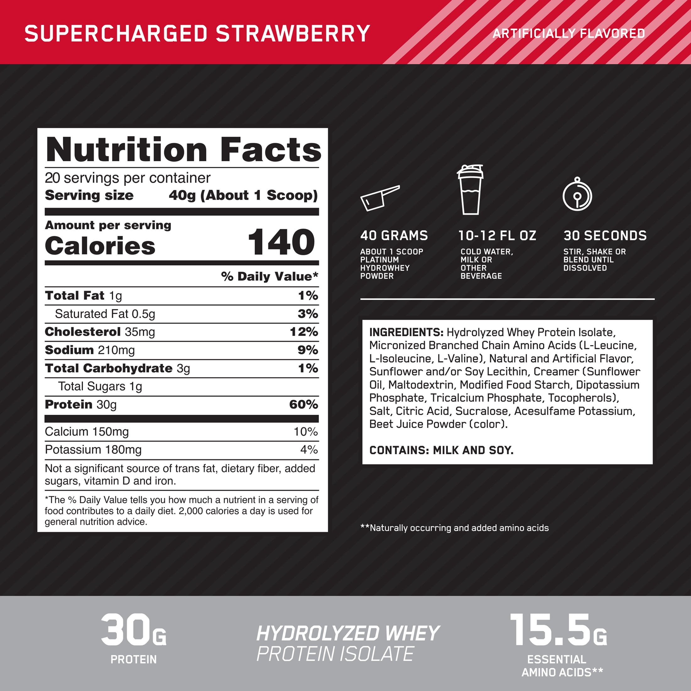 Optimum Nutrition Platinum Hydrowhey Protein Powder, Supercharged Strawberry, 20 Servings