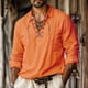 thumbnail image 2 of Camisa de manga larga con solapa para hombre: imitación lino, cierre con cordón, color liso, para todas las estaciones, se recomienda lavar a mano., 2 of 8